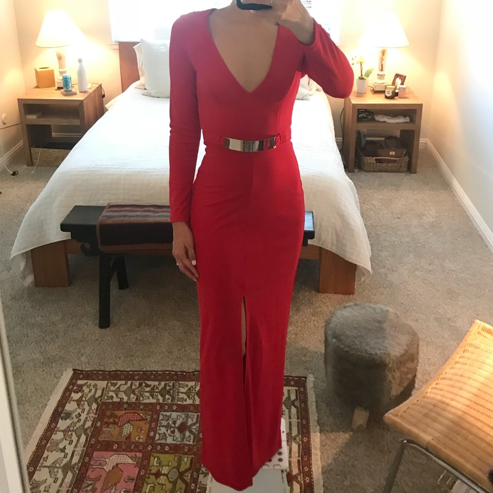 H&M Red Dress Long Sleeve Gown with Slit